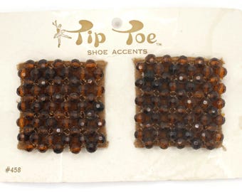 Tip Toes Vintage Shoe Clips 1950s #458 Brown Beaded Square Shoe Clips