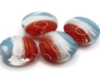 4 20mm Red White and Blue Swirling Coin Beads Flat Round Lampwork Glass Beads Jewelry Making and Beading Supplies