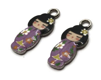 2 20mm Alloy Metal Purple Kimono Girl Pendants Silver Tone Jewelry Making Beading Supplies