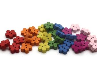 30 Mixed Color Wood Flower Buttons: 11mm 2-Hole Floral Sewing Supplies and Notions