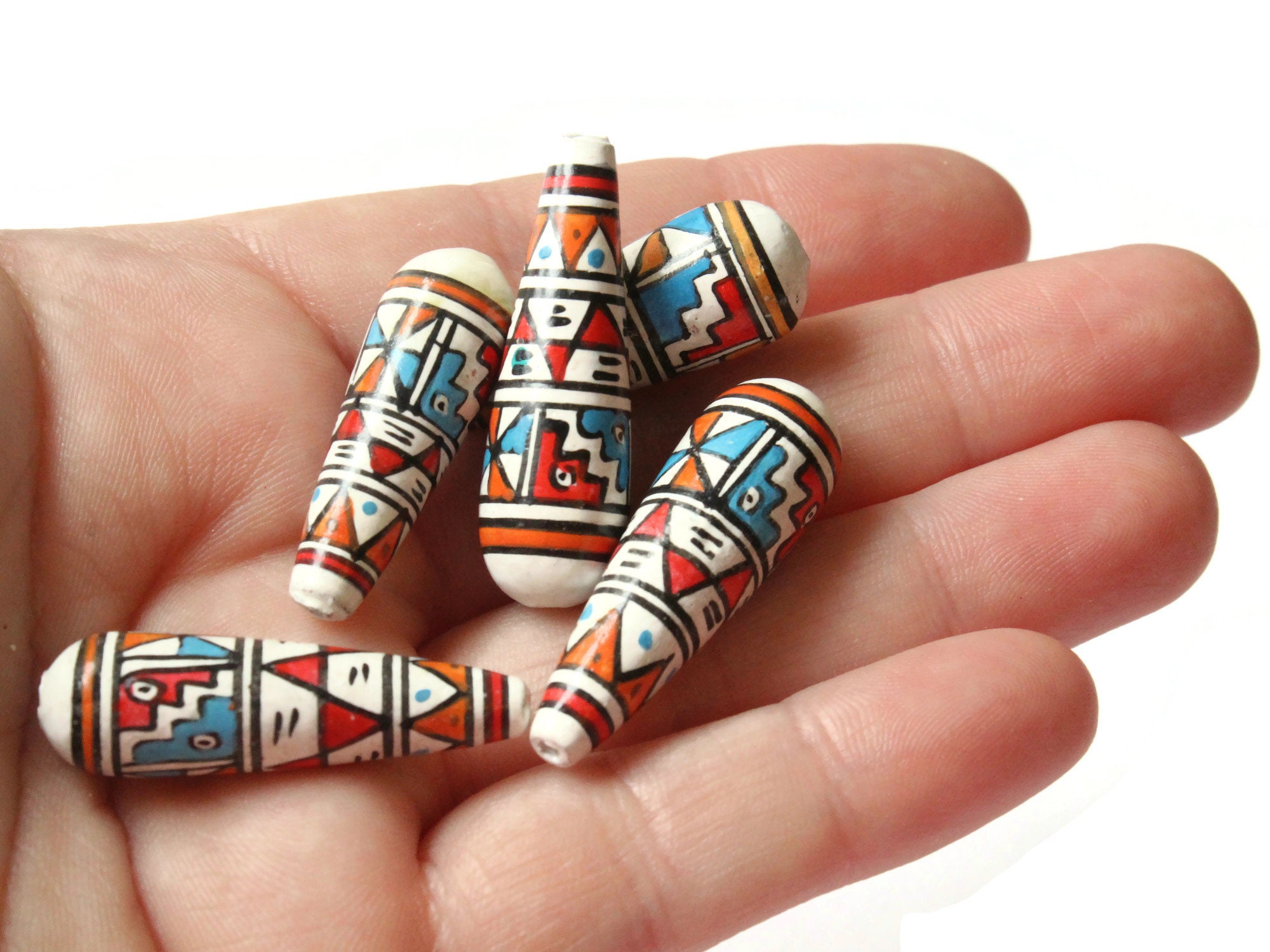 5 35mm Vintage Painted Peruvian Clay Beads - White Teal and Red Teardrop  Beads