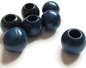 6 21mm x 19mm Blue Beads Round Wood Beads Vintage Beads Wooden Beads Large Hole Beads Loose Beads Old New Stock Beads Macrame Beads bN2