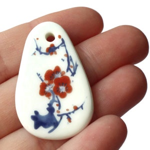 41mm White Flowered Porcelain Pendant White China Teardrop Pendant Jewelry Making Beading Supplies Glass Charm