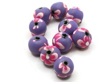 10 10mm Purple and Pink Flower Beads Polymer Clay Multi-Color Round Beads Ball Beads Jewelry Making Beading Supplies