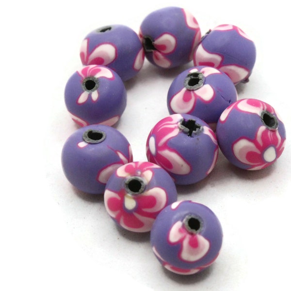 10 10mm Purple and Pink Flower Beads Polymer Clay Multi-Color Round Beads Ball Beads Jewelry Making Beading Supplies