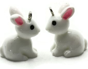 2 29mm White Rabbit Resin Bunny Charms Animal Pendants Miniature Cute Charms Jewelry Making Beading Supplies kitsch charms Smileyboy