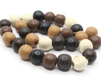 30 13mm Mixed Color Brown Round Wood Large Hole Beads Wooden Beads Jewelry Making Beading Supplies Loose Beads to String