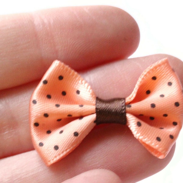 10 35mm Peach Pink and Brown Polka Dot Bows Loose Bow Embellishments For Jewelry Making or Barrette Making or General Crafting Purposes