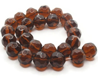 25 12mm Brown Faceted Round Beads Full Strand Glass Beads to String Jewelry Making Beading Supplies