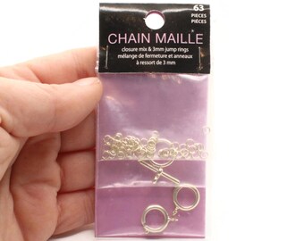 63 Pieces Chain Maille Closure Mix and 3mm Jump Rings Silver Tone Metal Link Rings and Clasps Jewelry Essentials Findings