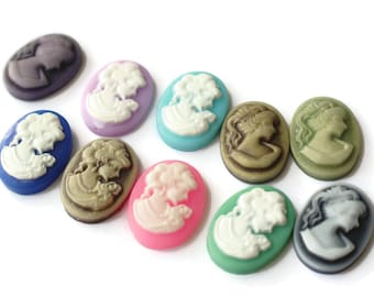 10 18x13mm Mixed Color Cameo Cabochons Woman's Face Cameo Cabs 18mm x 13mm Victorian Cameo Greek Cameo Art Nouveau Cameo Flat Back Cabochons
