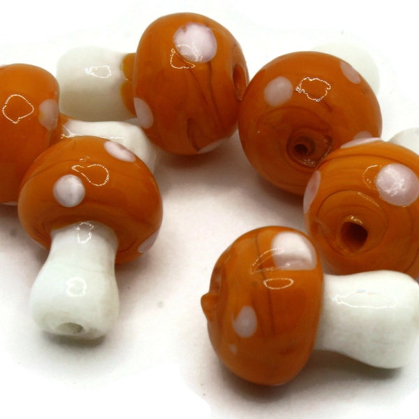 6 19mm Orange and White Mushroom Beads Polka Dot Lampwork Glass Beads Plant Beads Jewelry Making Beading Supplies