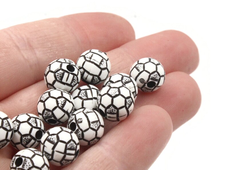 30 10mm Black and White Soccer Ball Beads Round Plastic Sports Beads
