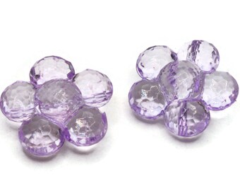 2 gros boutons fleur mauve 35 mm à facettes plates, fleurs en plastique à facettes, fabrication de bijoux, fournitures pour perles, fournitures de couture