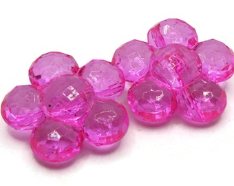 2 35mm Large Bright Pink Flower Buttons Flat Faceted Floral Plastic Shank Buttons Jewelry Making Beading Supplies Sewing Supplies