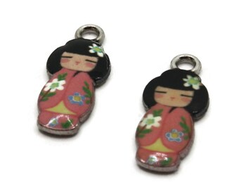 2 20mm Alloy Metal Pink Kimono Girl Pendants Silver Tone Jewelry Making Beading Supplies
