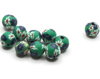 10 10mm Green Blue Red and White Flower Beads Polymer Clay Multi-Color Round Beads Ball Beads Jewelry Making Beading Supplies