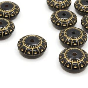 12 17mm Black Rondelle Plastic Beads with Gold Design Loose Beads to String Jewelry Making Black and Gold Acrylic Beads