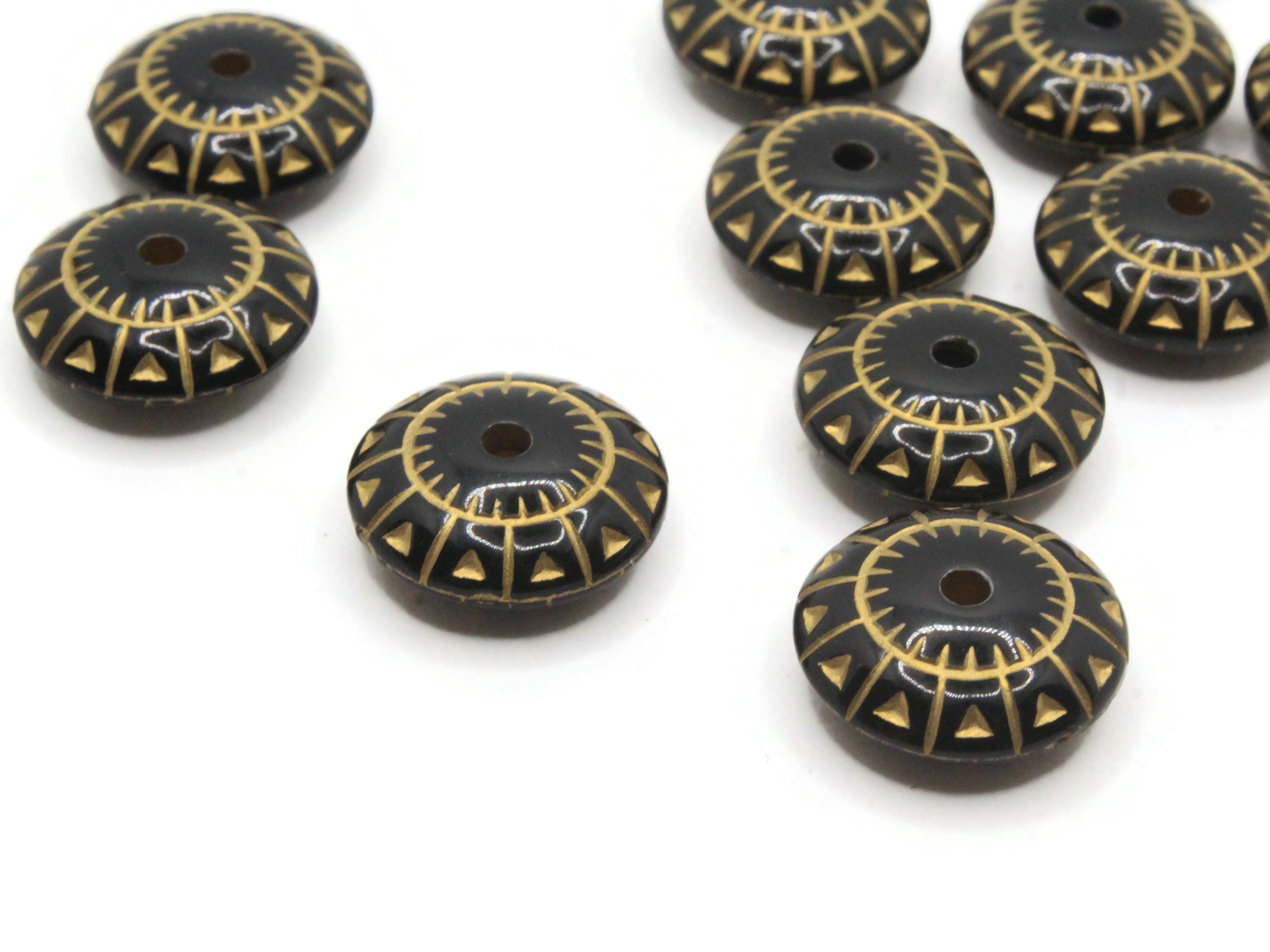 ブラック＆ゴールドのロンデルビーズ：17mmストライプアクリルビーズ12