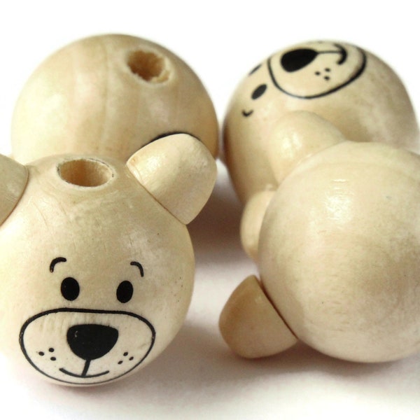 4 26mm Round Wood Bear Head Beads Natural Wooden Beads Large Hole Beads Cute Beads Kawaii Focal Beads Jewelry Making Beading Supplies bL1