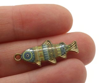 27mm Blue and Brown Striped Fish Pendant Gold Tone Metal Alloy Charm Jewelry Making Beading Supplies