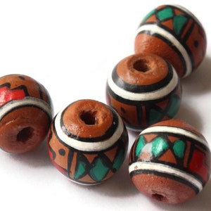 5 cuentas de arcilla pintadas vintage de 12 mm, cuentas marrones y multicolores, cuentas redondas, cuentas de arcilla peruana para ensartar, suministros para hacer joyas con cuentas.