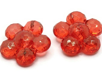 2 gros boutons de fleurs rouges de 35 mm à facettes plates, fleurs en plastique à fleurs, fabrication de bijoux, fournitures de perles, fournitures de couture