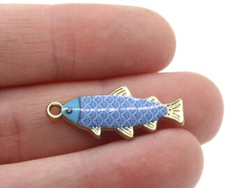 27mm Blue Scale Design Fish Pendant Gold Tone Metal Alloy Charm Jewelry Making Beading Supplies