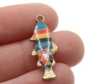 27mm Multi-Color Striped Fish Pendant Gold Tone Metal Alloy Charm Jewelry Making Beading Supplies