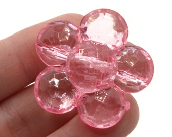 2 gros boutons de fleurs rose clair de 35 mm à facettes plates, fleurs en plastique à fleurs, fabrication de bijoux, fournitures de perles, fournitures de couture