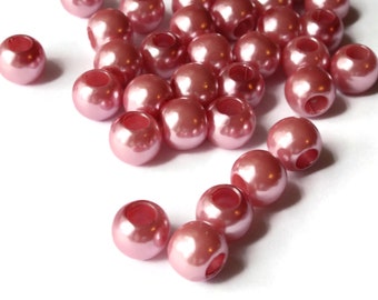 40 12mm Large Hole Pearls Pink Pearls European Beads Plastic Pearl Beads Faux Pearl Beads Big Hole Beads Round Acrylic Beads