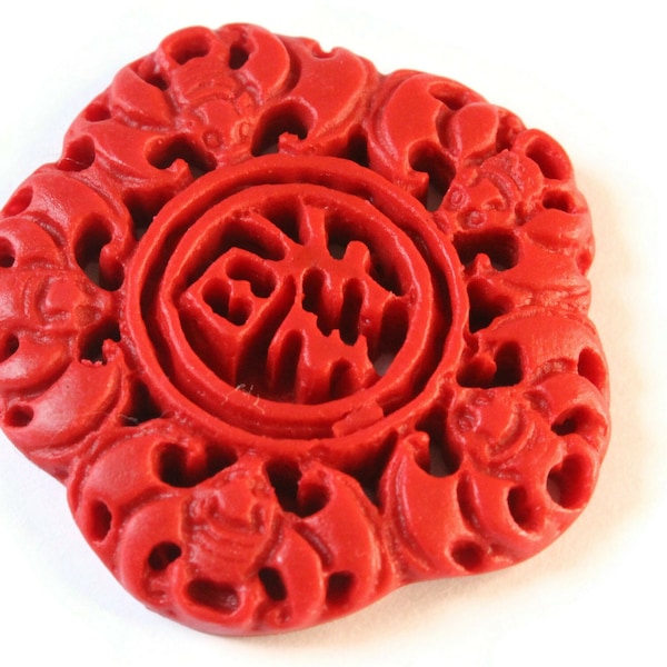 Carved Cinnabar Flower Bead Cinnabar Pendant Lacquer Bead Loose Red Bead Floral Bead Jewelry Making Beading Supplies Two Hole Focal Bead