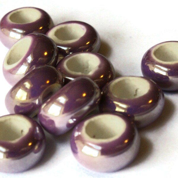 10 13mm Orchid Purple Porcelain Rondelle Beads Large Hole Glass Beads Jewelry Making Beading Supplies Loose Ceramic Beads High Luster Beads