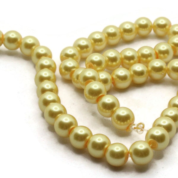 53 8mm Yellow Glass Pearl Beads Faux Pearls Jewelry Making Beading Supplies Round Accent Beads Ball Beads Small Spacer Beads