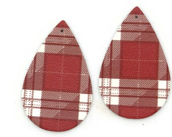 2 50mm Red and White Plaid Teardrop Leather Pendants Jewelry Making Beading Supplies Focal Beads Drop Beads