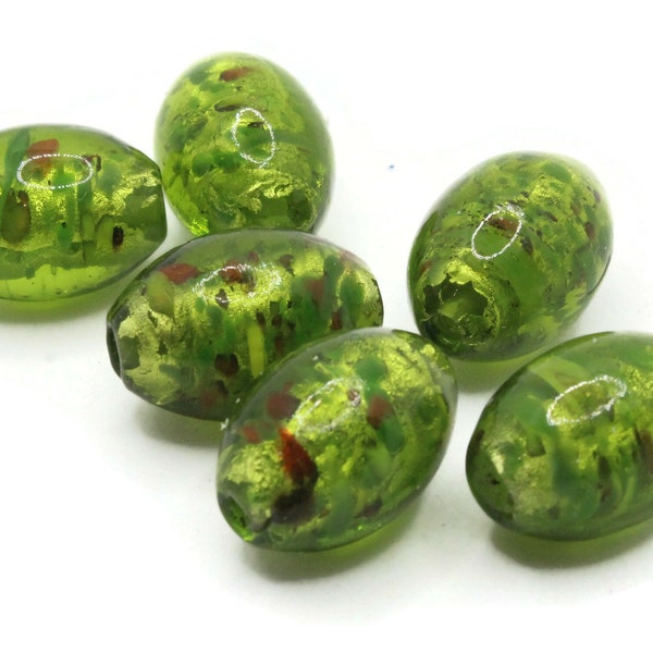 6 19mm Green Speckled Oval Beads Lampwork Glass Beads Jewelry Making and Beading Supplies