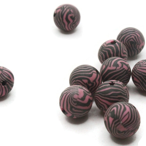 10 10mm Pink and Black Striped Beads Polymer Clay Multi-Color Round Beads Ball Beads Animal Print Beads Jewelry Making Beading Supplies