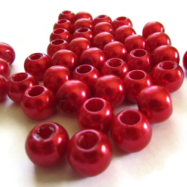 40 12mm Large Hole Pearls Red Pearl Beads European Beads Plastic Pearl Beads Round Beads Plastic Beads Acrylic Beads Jewelry Making bK3