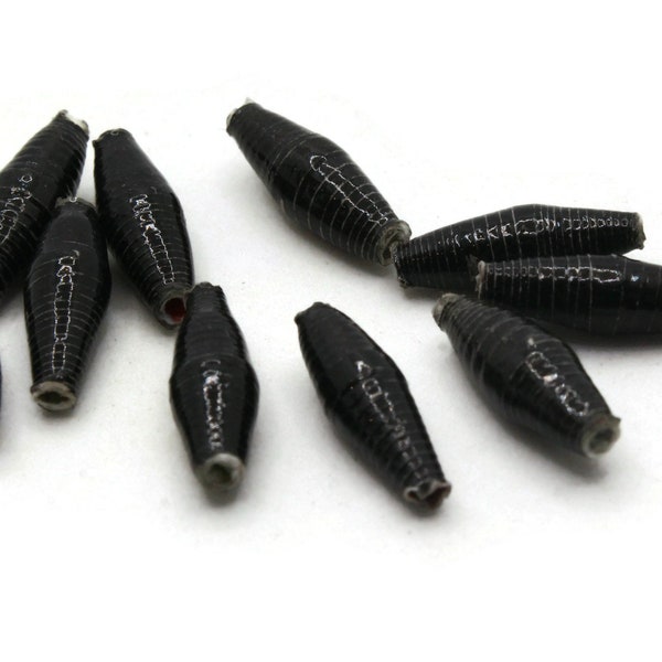 10 14mm Thin Black Ugandan Paper Beads Fair Trade Tube Beads African Paper Beads Upcycled Sealed Paper Beads Jewelry Making