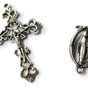 Rosary Crucifix and Centerpiece Catholic Pendant and Link Set Beading Supplies Cross Rosary Making Antique Silver Alloy