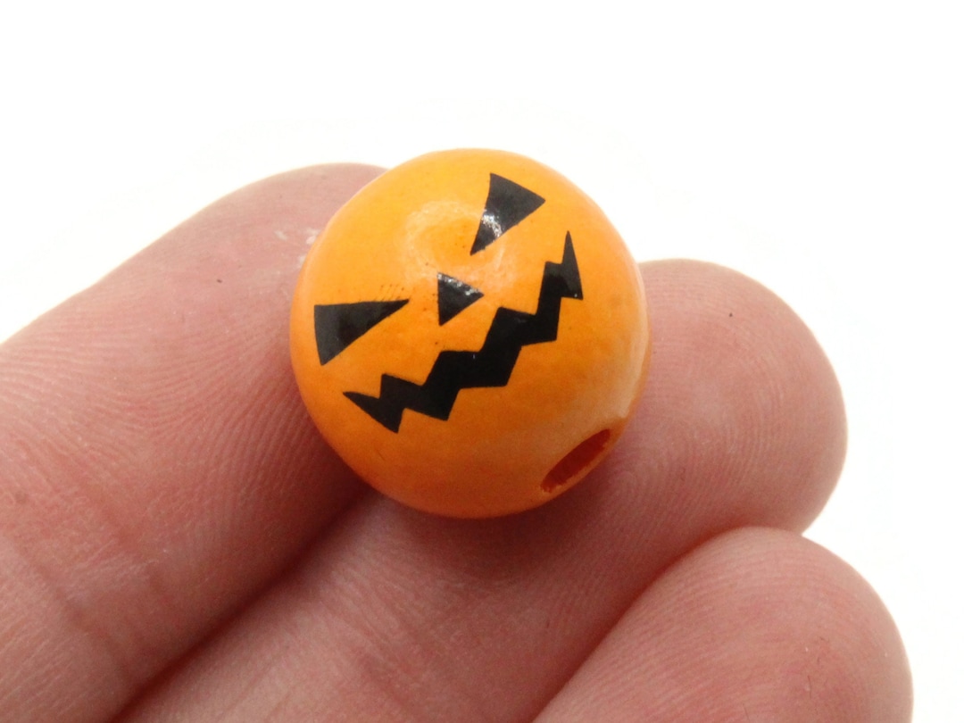 6 16mm Orange and Black Jack O Lantern Wood Beads Round Pumpkin Beads ...