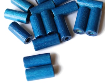 24 18mm Tube Beads Blue Beads Vintage Beads Wood Beads Wooden Beads Oval Beads Large Beads Large Hole Beads Macrame Beads Jewelry Making