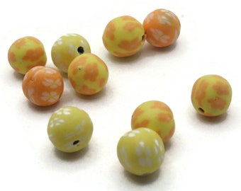 10 10mm Yellow Orange & White Flower Beads Polymer Clay Multi-Color Round Beads Ball Beads Jewelry Making Beading Supplies