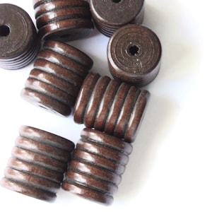 8 20mm Dark Brown Vintage Wooden Tube Beads Striped Wood Beads Grooved Beads Macrame Jewelry Making Beading Supplies Lined Barrel Bead bL2