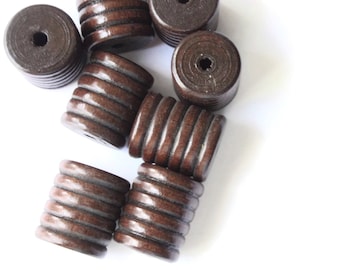 8 20mm Dark Brown Vintage Wooden Tube Beads Striped Wood Beads Grooved Beads Macrame Jewelry Making Beading Supplies Lined Barrel Bead