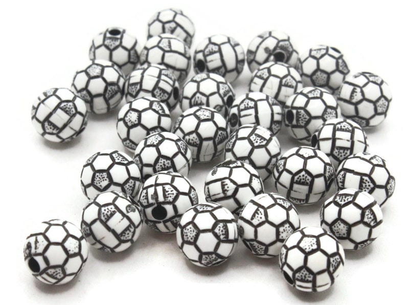 30 10mm Black and White Soccer Ball Beads Round Plastic Sports Beads