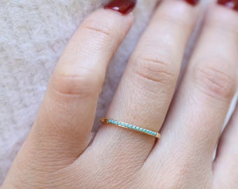 18K Gold Turquoise Ring, Dainty Ring, Thin Multi Stone Minimalist Ring, Waterproof Jewelry, Turquoise Eternity Ring, Everyday Ring, Gift Her