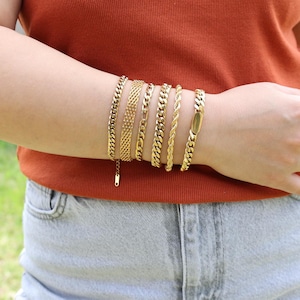 18K Gold Filled Bracelet, Waterproof Bracelet Set Cuban Rope Figaro Mesh Unisex Bracelet Tarnish Free Stainless-Steel Jewelry Christmas Gift