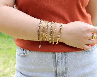 18K Gold Filled Bracelet, Waterproof Bracelet Set Cuban Rope Figaro Mesh Unisex Bracelet Tarnish Free Stainless-Steel Jewelry Christmas Gift