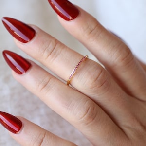 18K Gold Pink Tourmaline Ring, Thin Eternity Ring, Minimalist Birthstone Ring, Waterproof Jewelry, Dainty Pink Zircon Ring Gift for Her